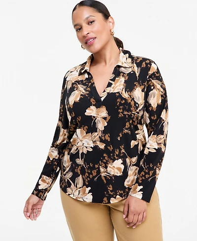 I.n.c. International Concepts Plus Floral-Print Johnny Collar Long-Sleeve Blouse, Macy's Exclusive