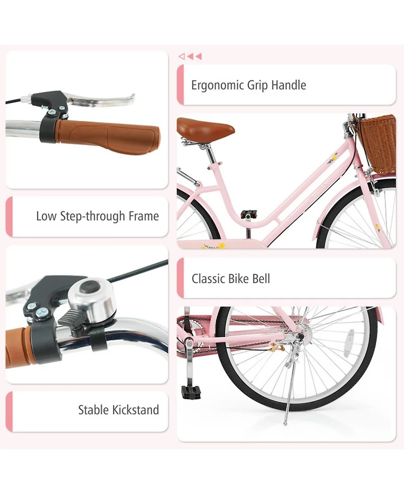 Hongge 26-Inch Beach Cruiser Bike with Woven Basket Rear Rack and Cushioned Spring Seat