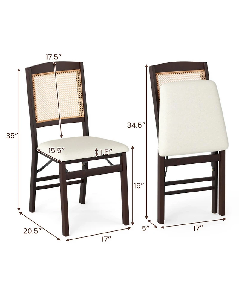 Sugift Folding Rubber Wood Dining Chairs Set of 4 with Rattan Backrest