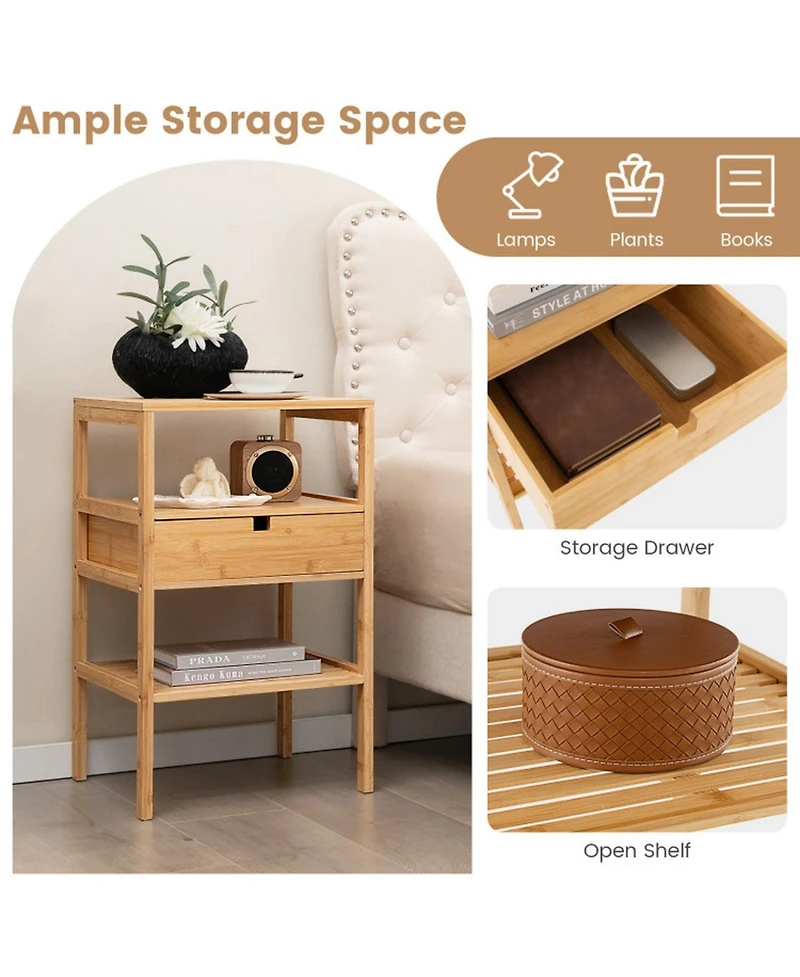 Sugift Bamboo Nightstand with Slatted Open Shelves and Storage Drawer