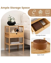Sugift Bamboo Nightstand with Slatted Open Shelves and Storage Drawer