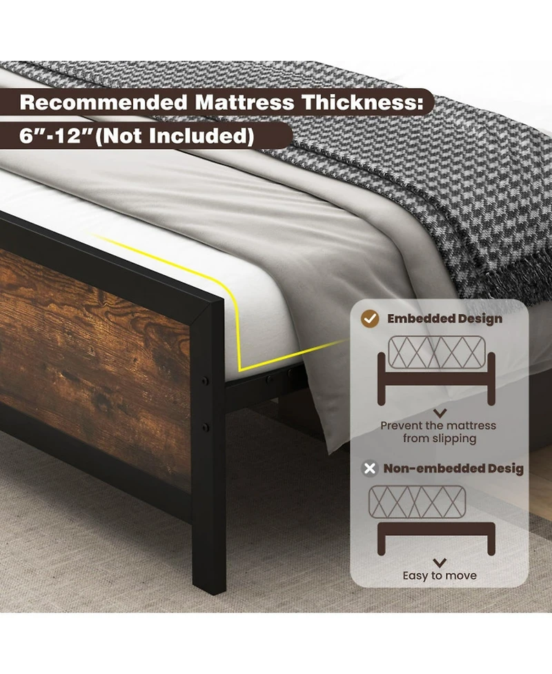 Sugift Metal Platform Bed Frame with Wood Grain Headboard and Footboard