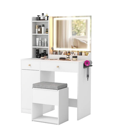 Sugift Vanity Dressing Table and Stool Set with 3-Color Lighted Mirror and Storage Cabinet