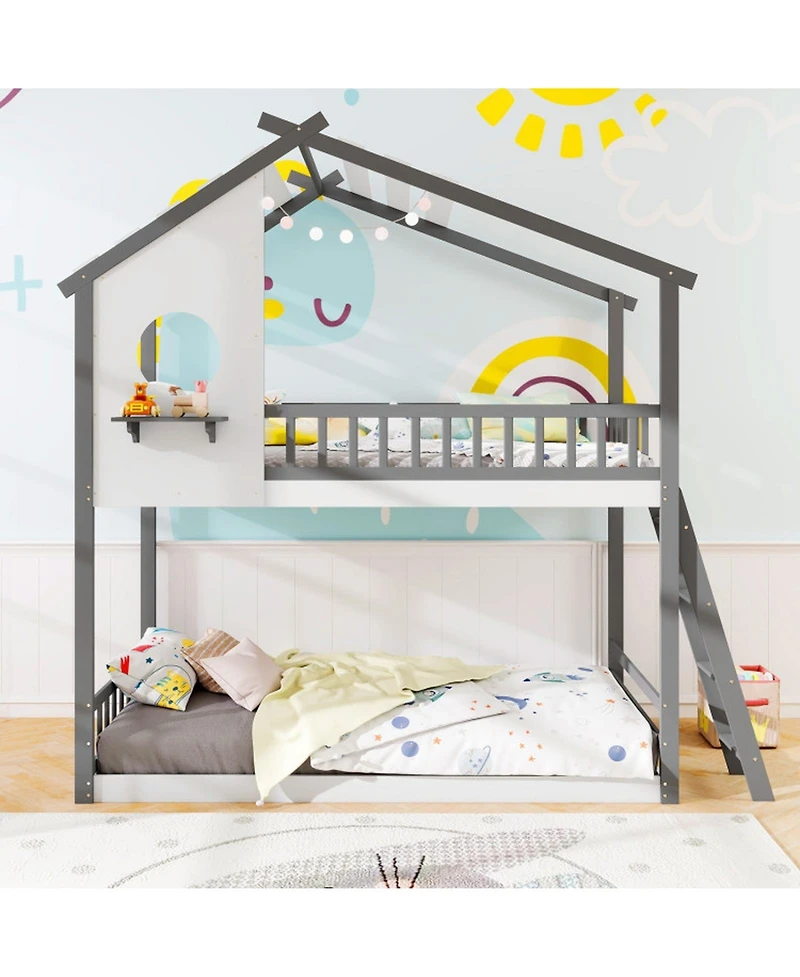 Sugift Twin House Bunk Bed with Roof Ladder and Full-Length Guardrails