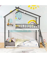 Sugift Twin House Bunk Bed with Roof Ladder and Full-Length Guardrails