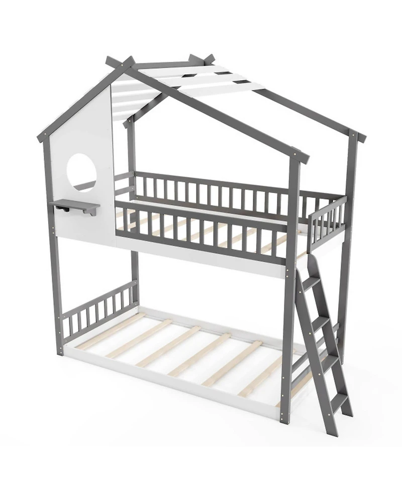 Sugift Twin House Bunk Bed with Roof Ladder and Full-Length Guardrails