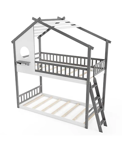 Sugift Twin House Bunk Bed with Roof Ladder and Full-Length Guardrails