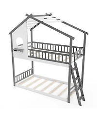 Sugift Twin House Bunk Bed with Roof Ladder and Full-Length Guardrails