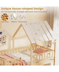 Sugift Twin House Bunk Bed with Roof and Full-Length Guardrails