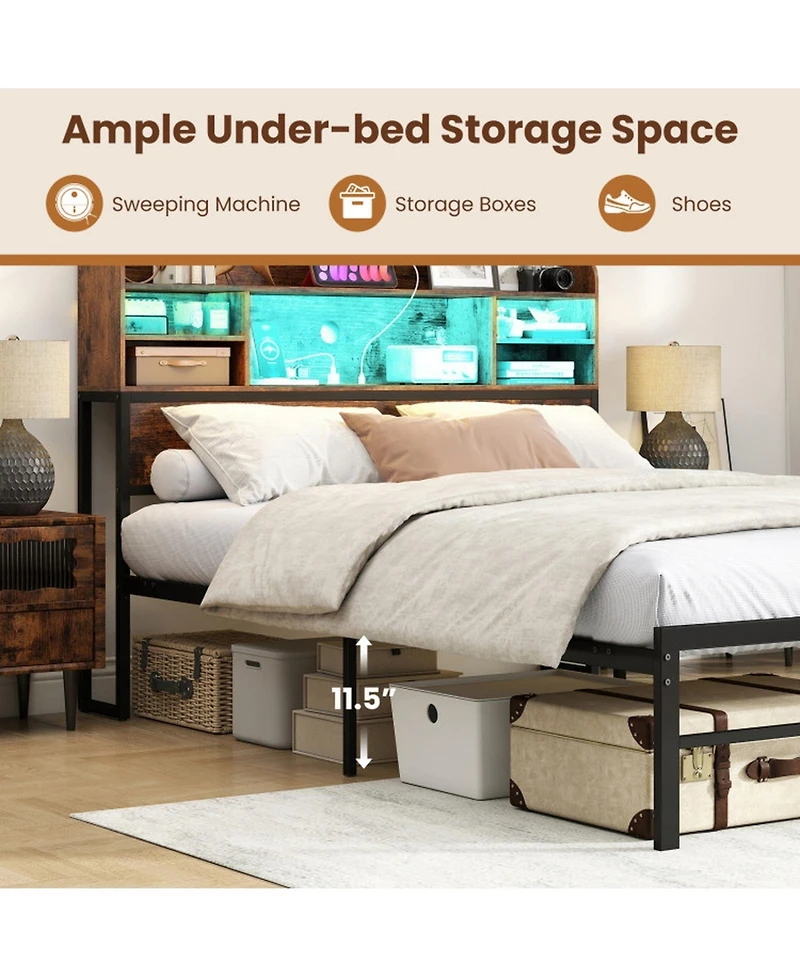 Sugift Metal Platform Bed with Led Headboard and Charging Station