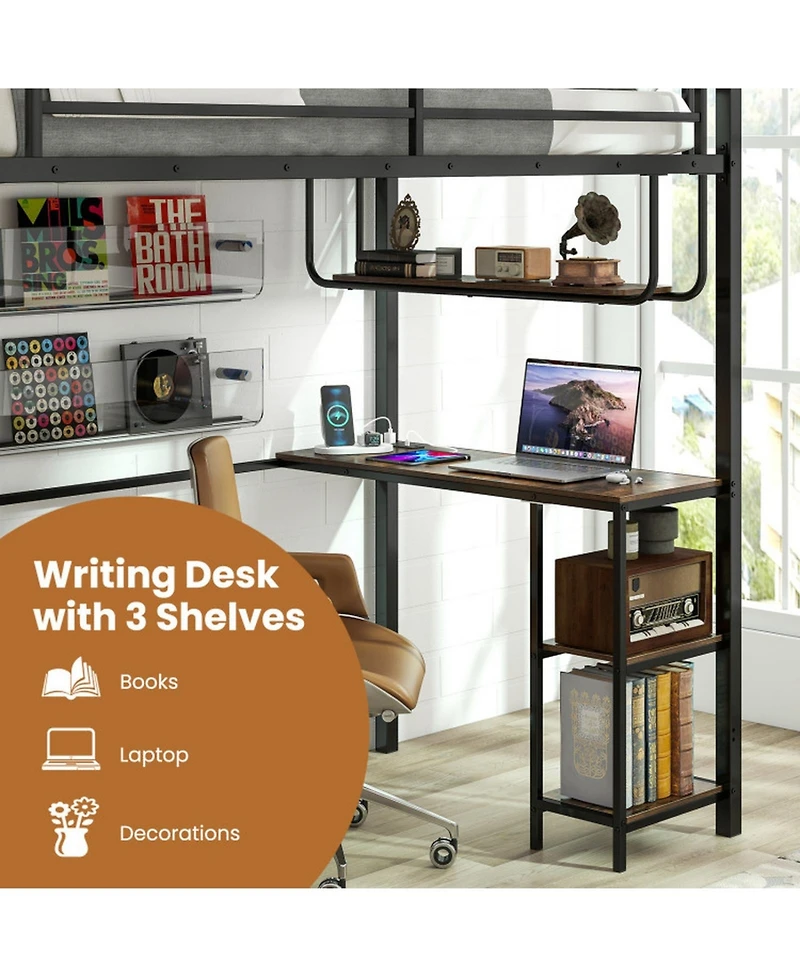 Sugift Twin Size Metal Loft Bed with Desk Led Lights and Charging Station