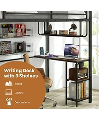 Sugift Twin Size Metal Loft Bed with Desk Led Lights and Charging Station