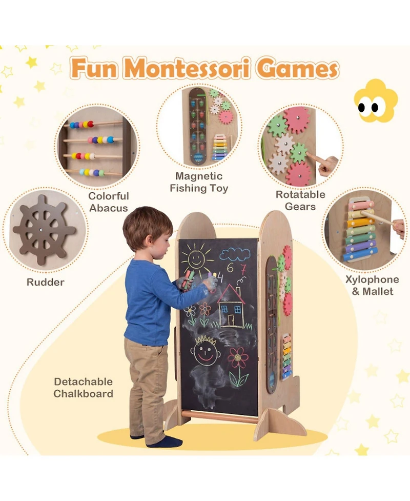 Sugift Kids 4-in-1 Adjustable Standing Tower with Chalkboard Slide and Montessori Games