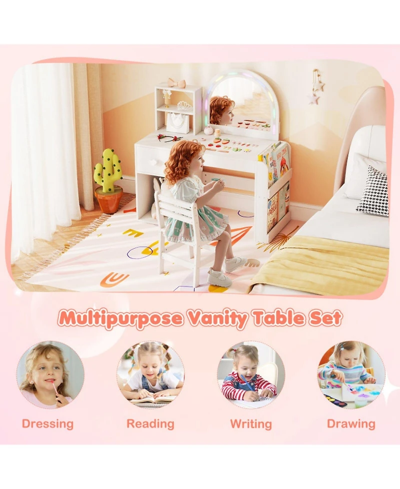 Sugift Kids Vanity Desk and Chair Set with Led-Lit Mirror and Multi-Tier Storage Shelves