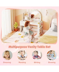 Sugift Kids Vanity Desk and Chair Set with Led-Lit Mirror and Multi-Tier Storage Shelves