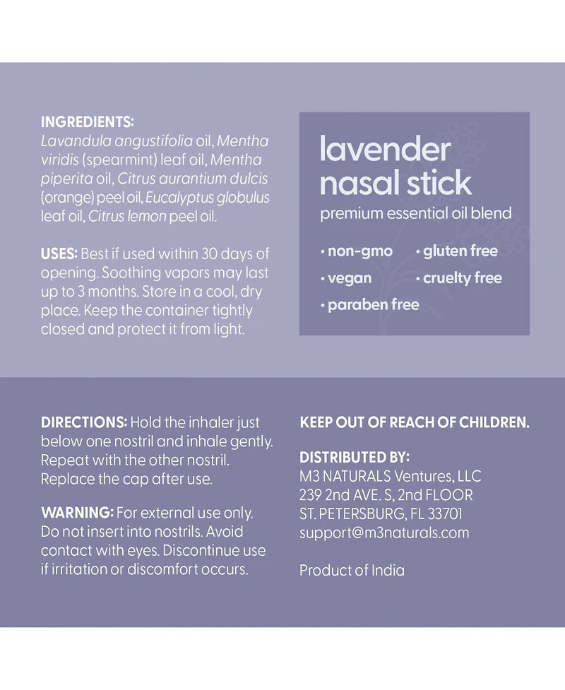 M3 Naturals Lavender Aromatherapy Nasal Inhaler Sticks with Mint, Orange, Lemon and Eucalyptus Oils, 4 Pack