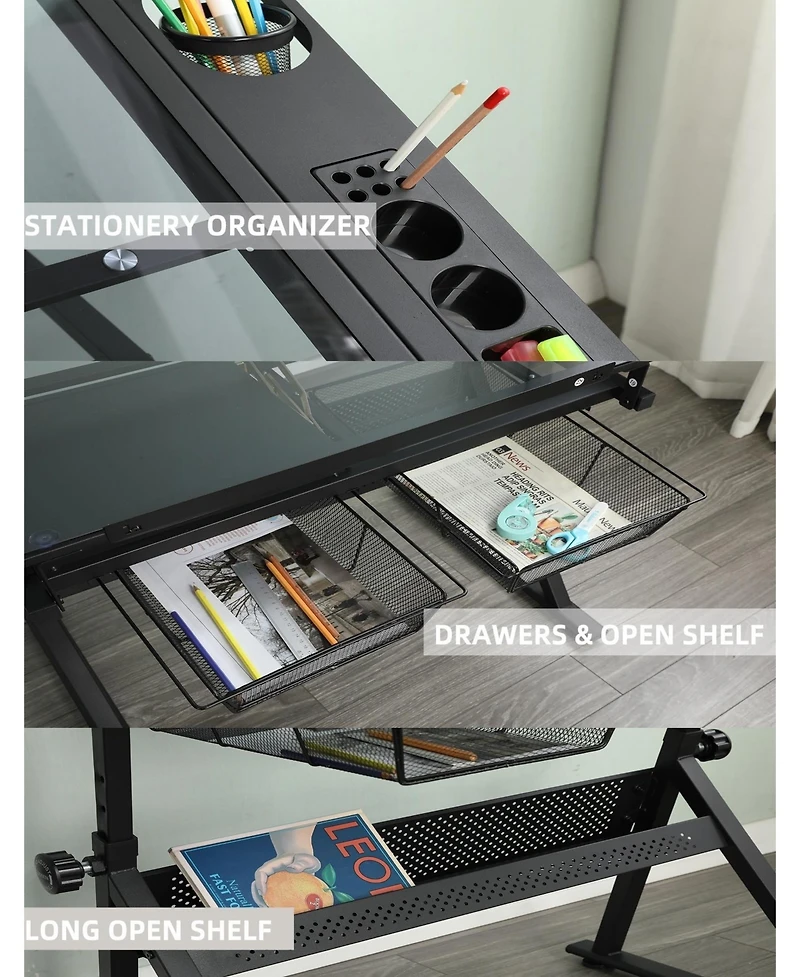 homfan Height Adjustable Drafting Table with Stool, Tilting Glass Top Art Desk with 2 Drawers