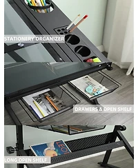 homfan Height Adjustable Drafting Table with Stool, Tilting Glass Top Art Desk with 2 Drawers