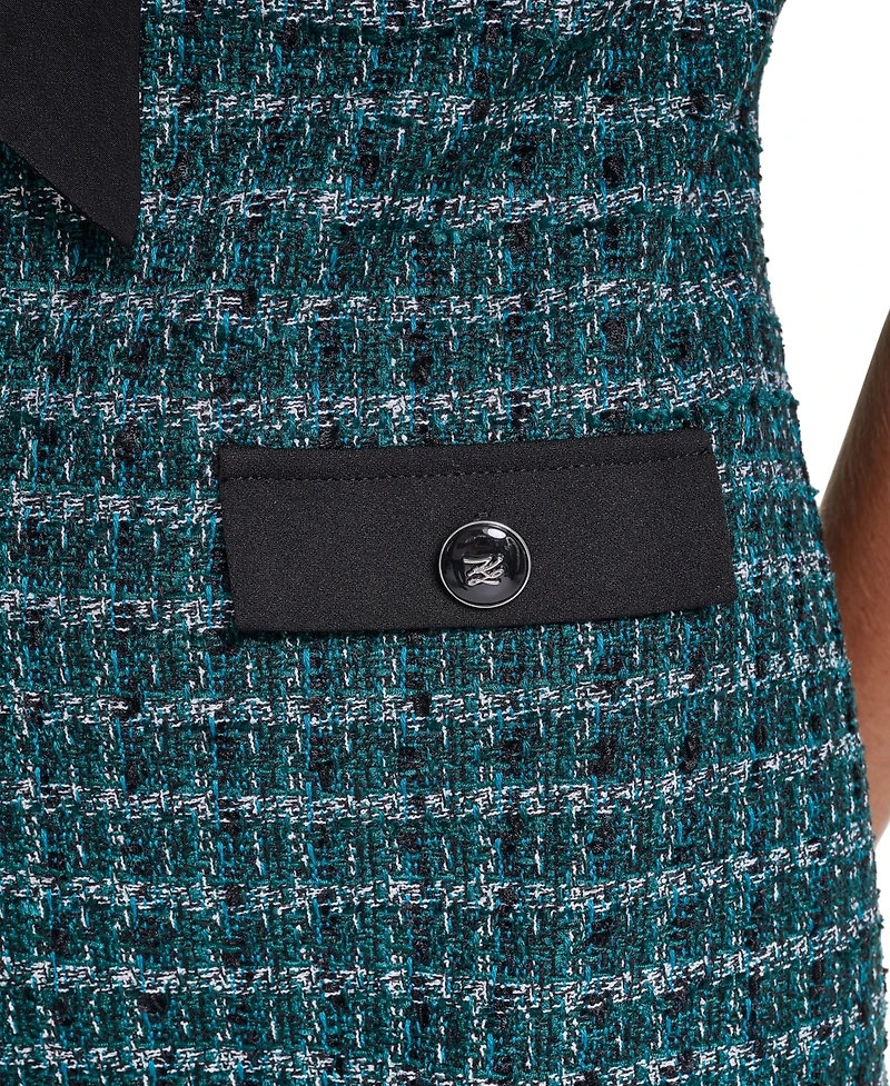 Karl Lagerfeld Paris Women's Tweed A-Line With Neck Tie Plaid Short-Sleeve Dress