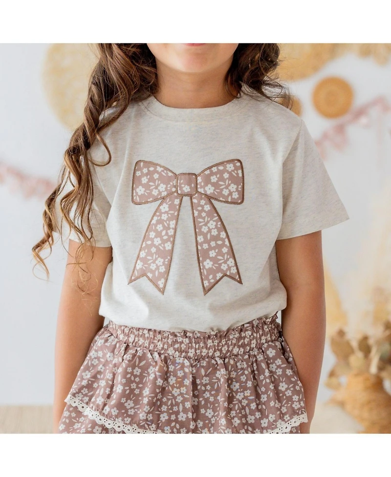 Sweet Wink Little Girls Mocha Floral Bow Patch Short Sleeve T-Shirt
