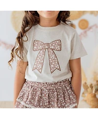 Sweet Wink Little Girls Mocha Floral Bow Patch Short Sleeve T-Shirt