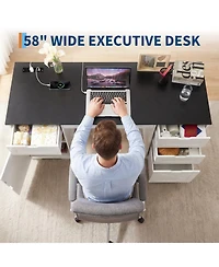 homfan 59" Farmhouse Computer Desk with 4 Drawers, Charging Station and Keyboard Tray