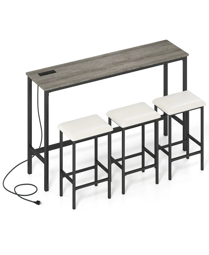 Sugift 4-Piece Counter Height Bar Table Set with Power Outlet and 3 Padded Stools