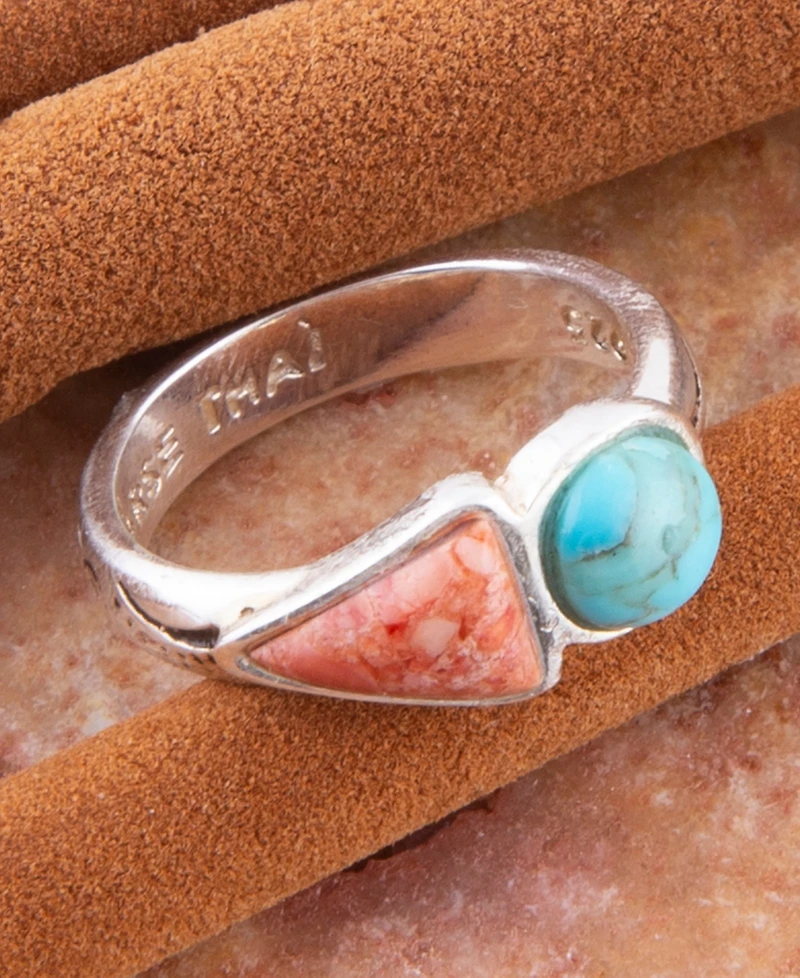 Barse Blue Turquoise and Orange Coral Duo Silver Ring