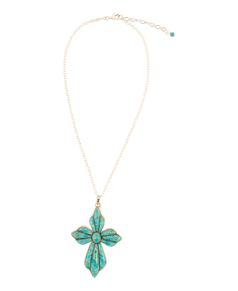Barse Blue Turquoise Cross Pendant Silver Necklace