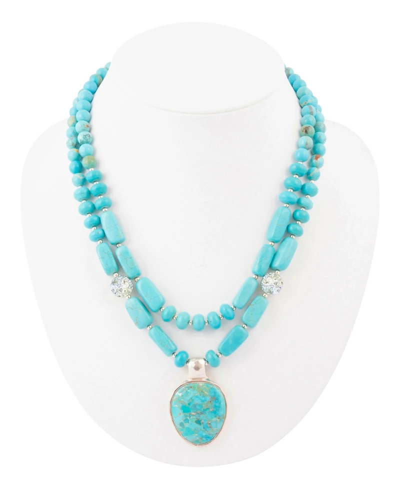 Barse Double Stranded Blue Turquoise Silver Statement Pendant Necklace