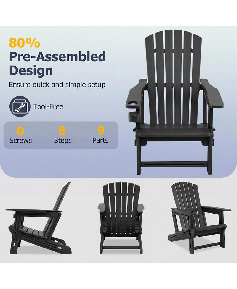 Sugift Hdpe Adirondack Chair with Cup Holder and Wood Texture for Patio