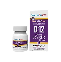Superior Source No Shot Vitamin B12 Methylcobalamin (1,000 mcg), B6, Folic Acid, Quick Dissolve MicroLingual Tablets, 60 Ct, Increase Energy