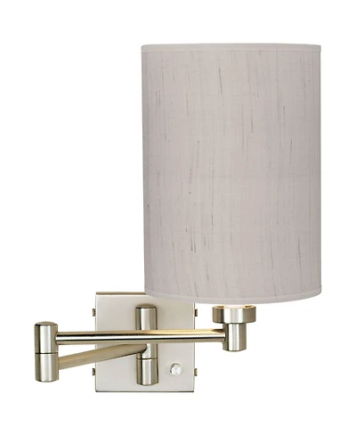 Possini Euro Design Modern Swing Arm Wall Lamp Brushed Nickel Plug-In Light Fixture Linen Cylinder Shade for Bedroom Bedside