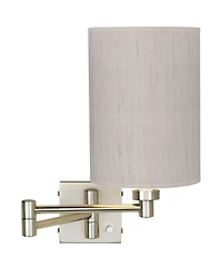 Possini Euro Design Modern Swing Arm Wall Lamp Brushed Nickel Plug-In Light Fixture Linen Cylinder Shade for Bedroom Bedside