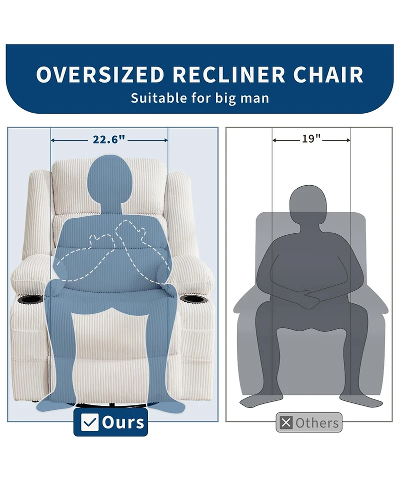 homfan Rocking Recliner for Adults Oversized 360degree(s) Swivel Manual | Soft Corduroy with Cup Holder Side Pockets Living Room