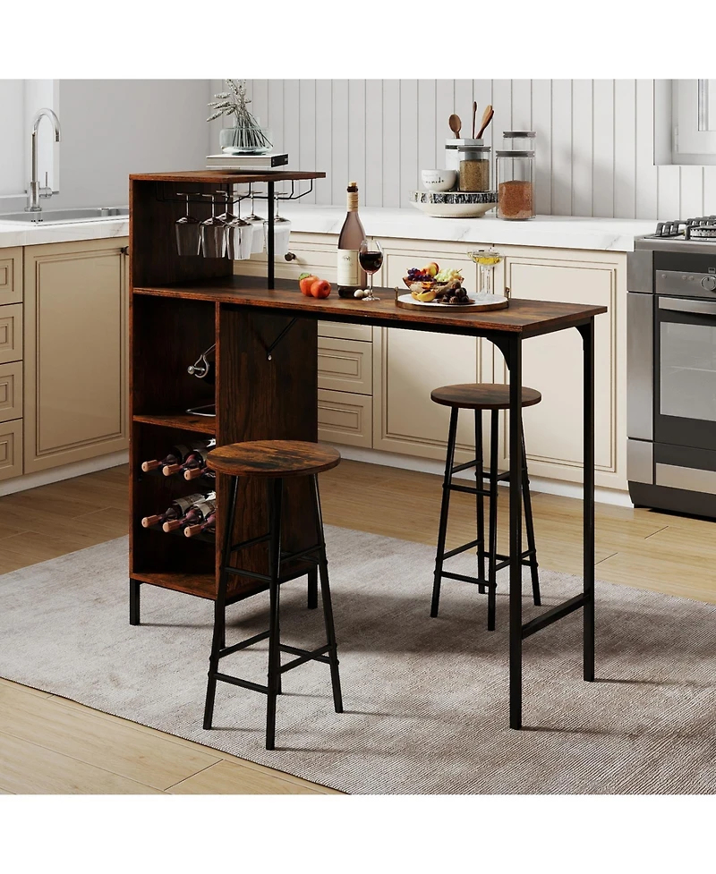 Sugift 3-Piece Bar Table and Chairs Set with 6-Bottle Wine Rack