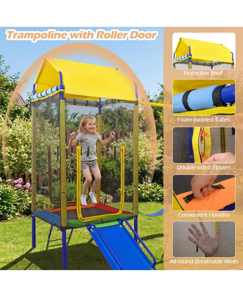 Sugift 5-in-1 Metal Swing Set with Slide, Trampoline & Basketball Hoop, Ages 8+