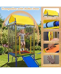Sugift 5-in-1 Metal Swing Set with Slide, Trampoline & Basketball Hoop, Ages 8+