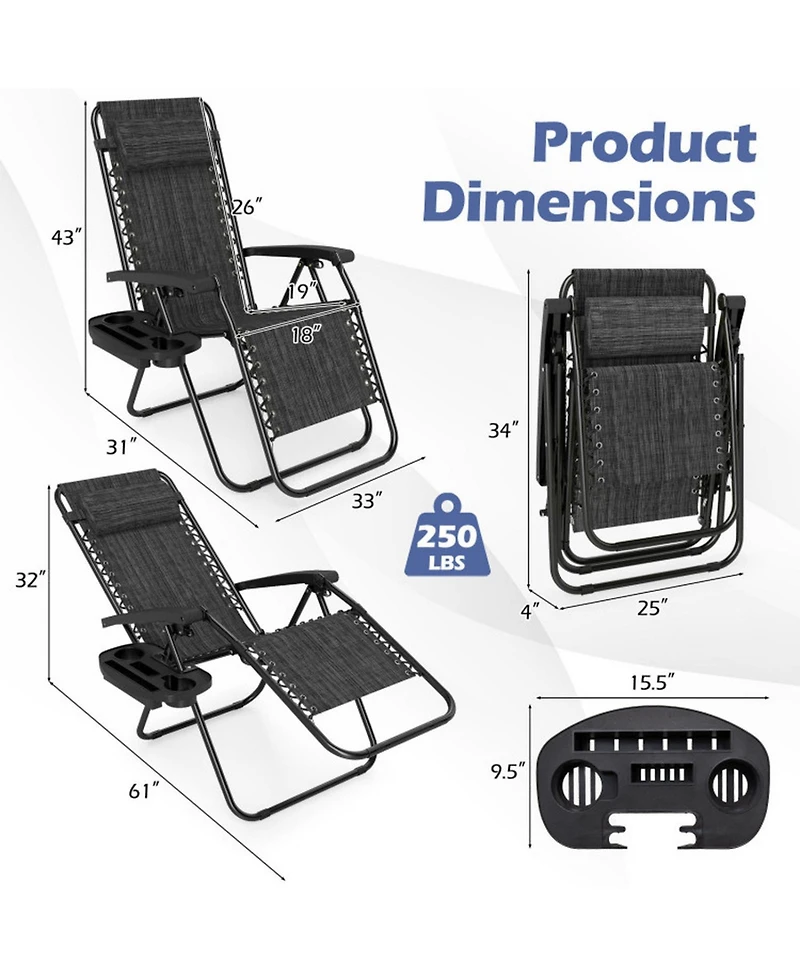 Sugift Set of 2 Portable Zero Gravity Chairs with Cup Holder Trays and Backrest