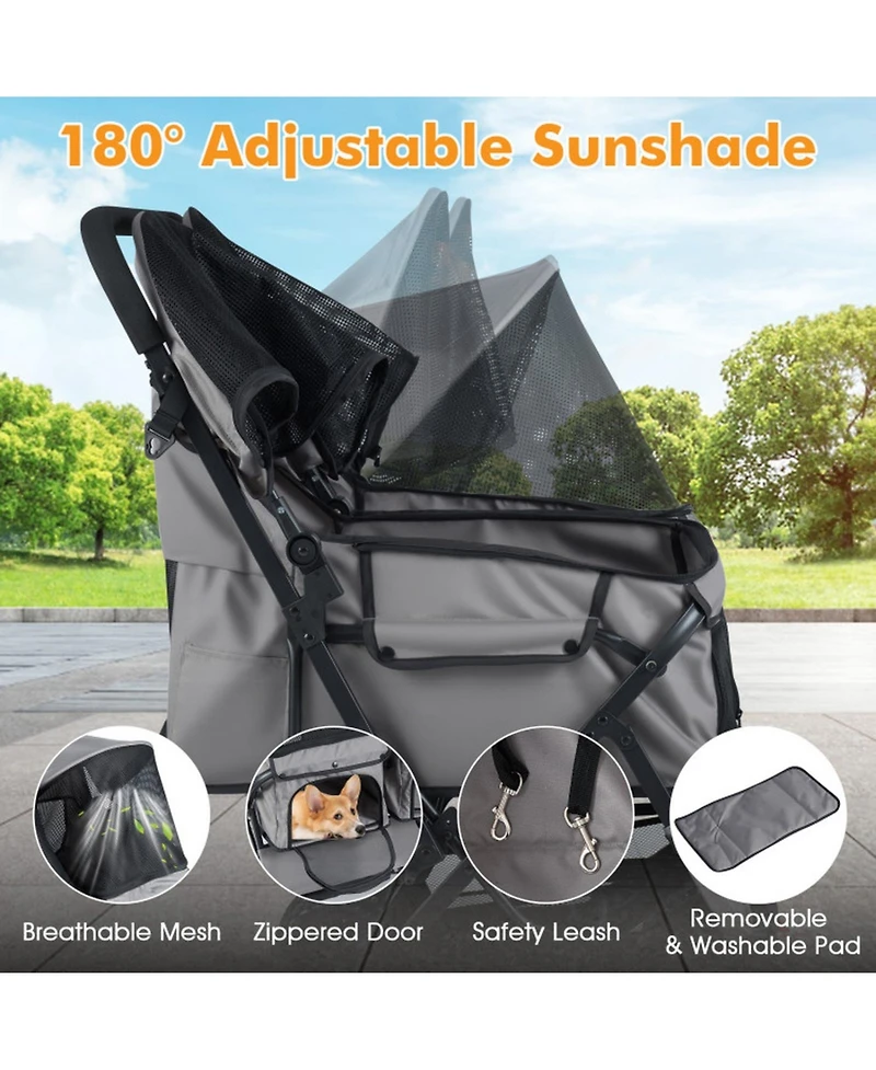 Sugift Foldable Double Pet Stroller with Adjustable Sunshade and Storage Basket