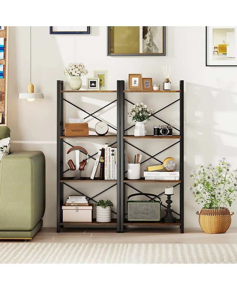 Costway 4-Tier Bookshelf with Metal Frame and Wooden Storage Racks for Living Room