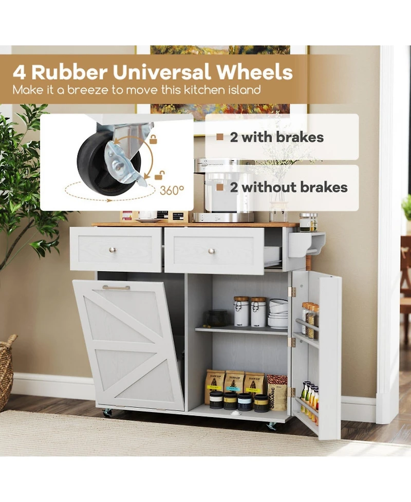 Sugift Rolling Kitchen Island with Trash Can Cabinet Drop-Leaf and Rubber Universal Wheels