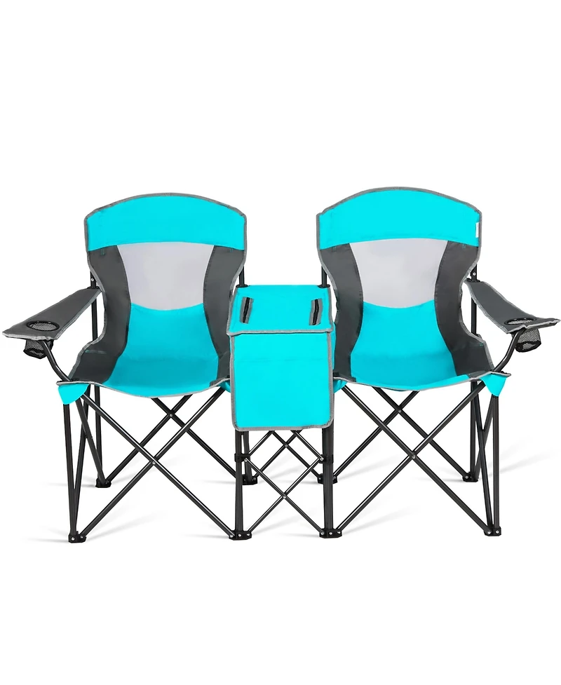 Gymax Folding 2-person Camping Chairs Double Sunshade Chairs with Canopy Patented