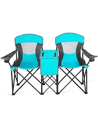 Gymax Folding 2-person Camping Chairs Double Sunshade Chairs with Canopy Patented