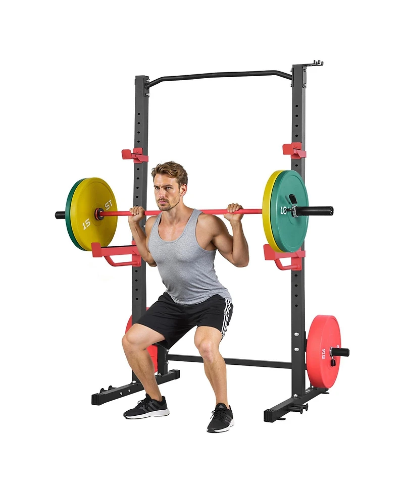 Sugift 1000LBS Multifunctional Power Cage Squat Rack with 4 Band Pegs Adjustable J-Hooks Safety Bars