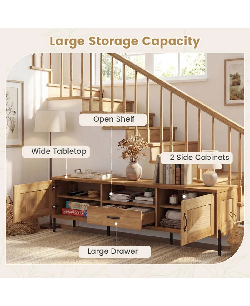 Sugift Rattan Tv Stand for 80-Inch TVs with 2 Cabinets Drawer and Open Shelf