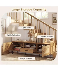 Sugift Rattan Tv Stand for 80-Inch TVs with 2 Cabinets Drawer and Open Shelf