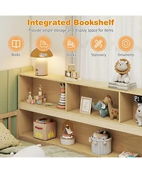 Sugift Twin Size Montessori Floor Bed with Attached Bookcase and Fence Rails