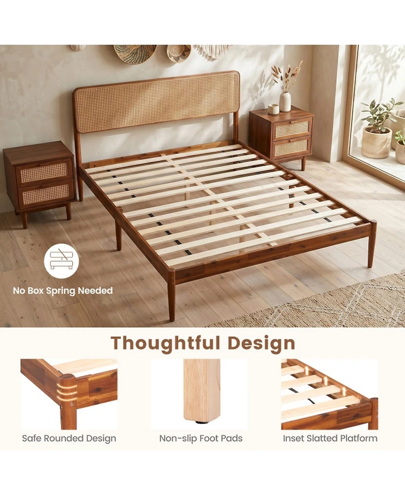 Sugift Full Size Acacia Wood Platform Bed with Woven Rattan Headboard and Slats