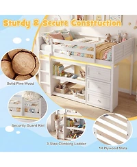 Sugift Twin Size Wooden Loft Bed with Led Lights Storage Shelves and Drawers